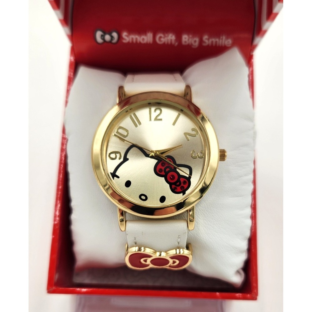 NIB Hello Kitty Gold Face w/Red Jeweled Bow Watch White Leather Strap in GiftBox